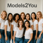 Mosolygó nemzetközi modellek fehér felsőben és farmerben – Elite2You modellkereső platform