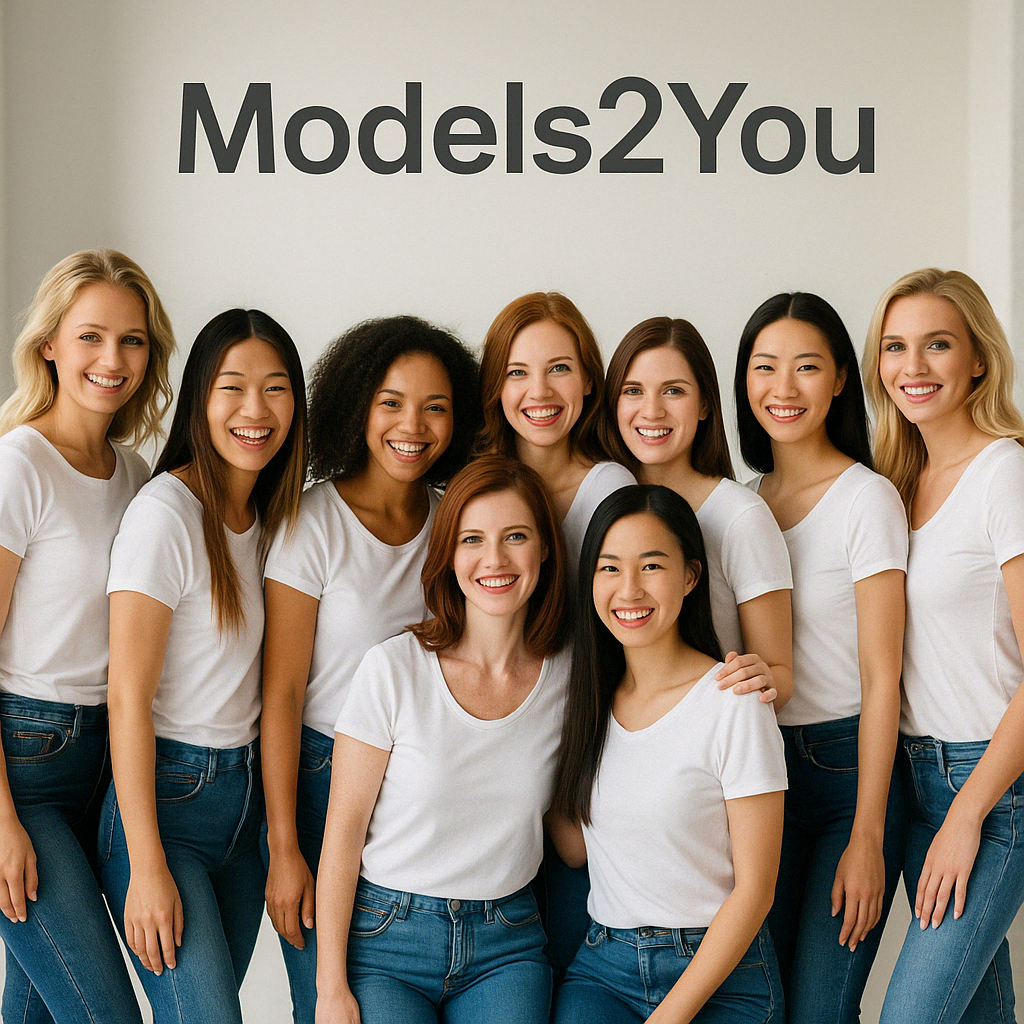 Mosolygó nemzetközi modellek fehér felsőben és farmerben – Elite2You modellkereső platform